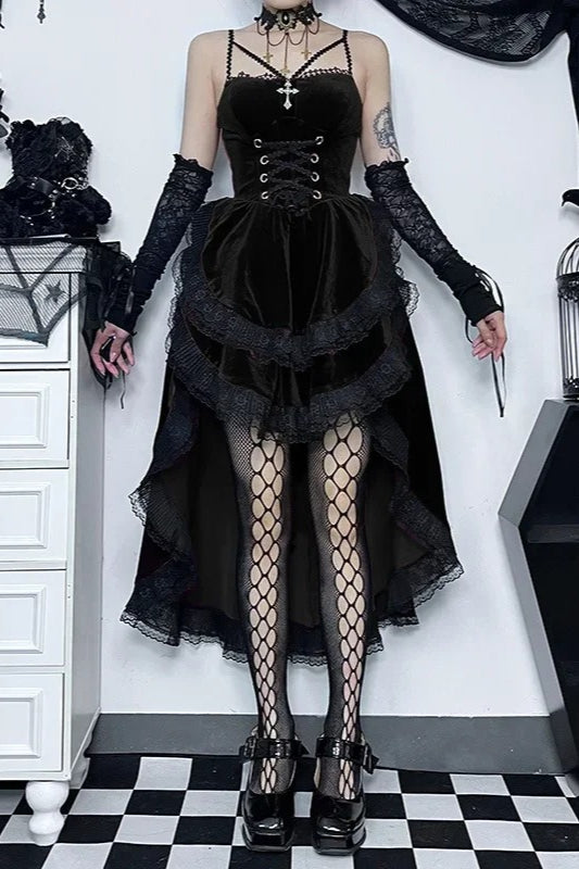 Dark Gothic Lace Strap Swallow Tail Corset Midi Dress
