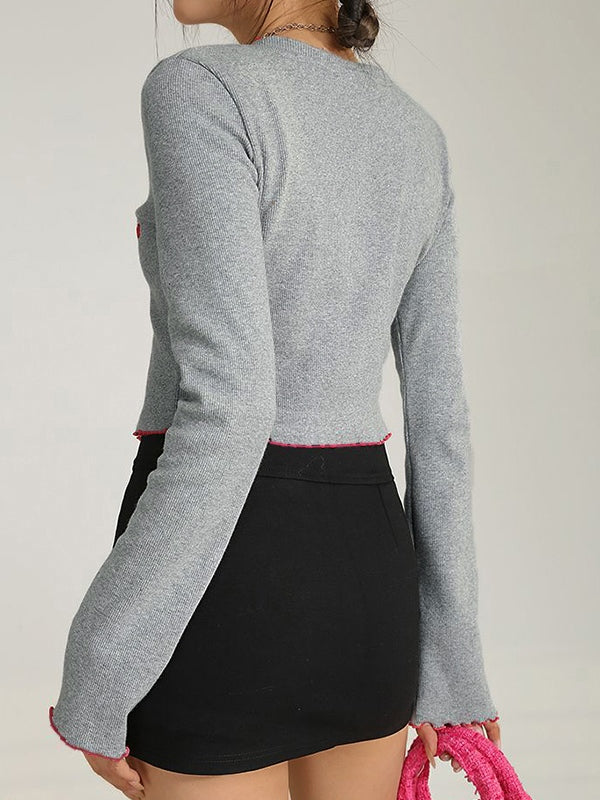 Contrast Color Embroidery Fungus Zip Long Sleeve Knit