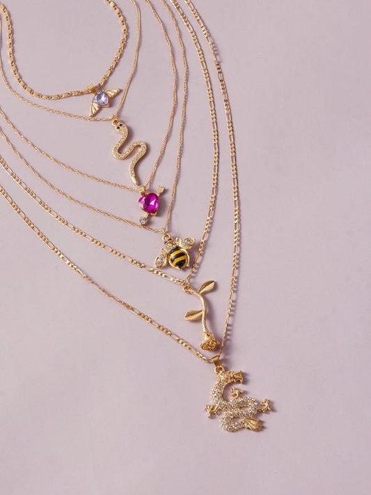 6pcs Rose & Bee Charm Necklace for Women