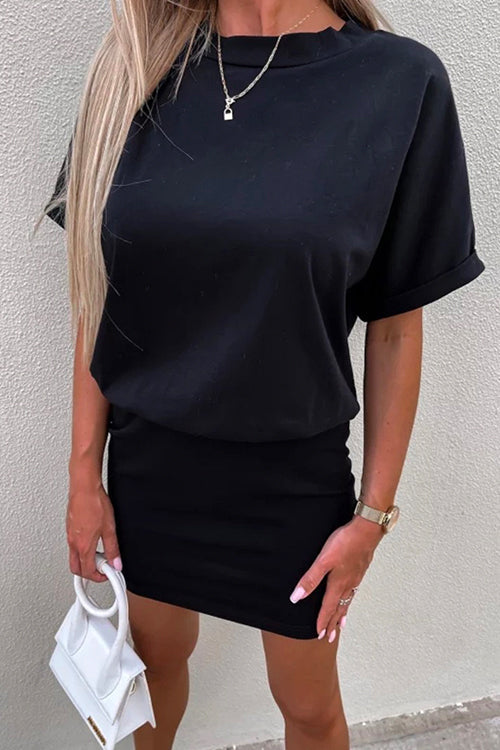 Crewneck Short Sleeve Waisted Solid Mini Dress