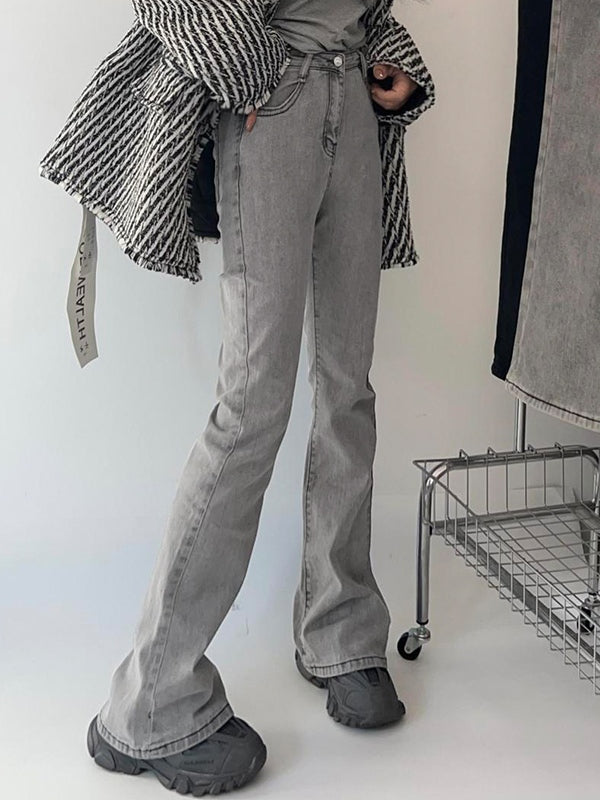 Washed Gray Elastic High Rise Flare Jeans