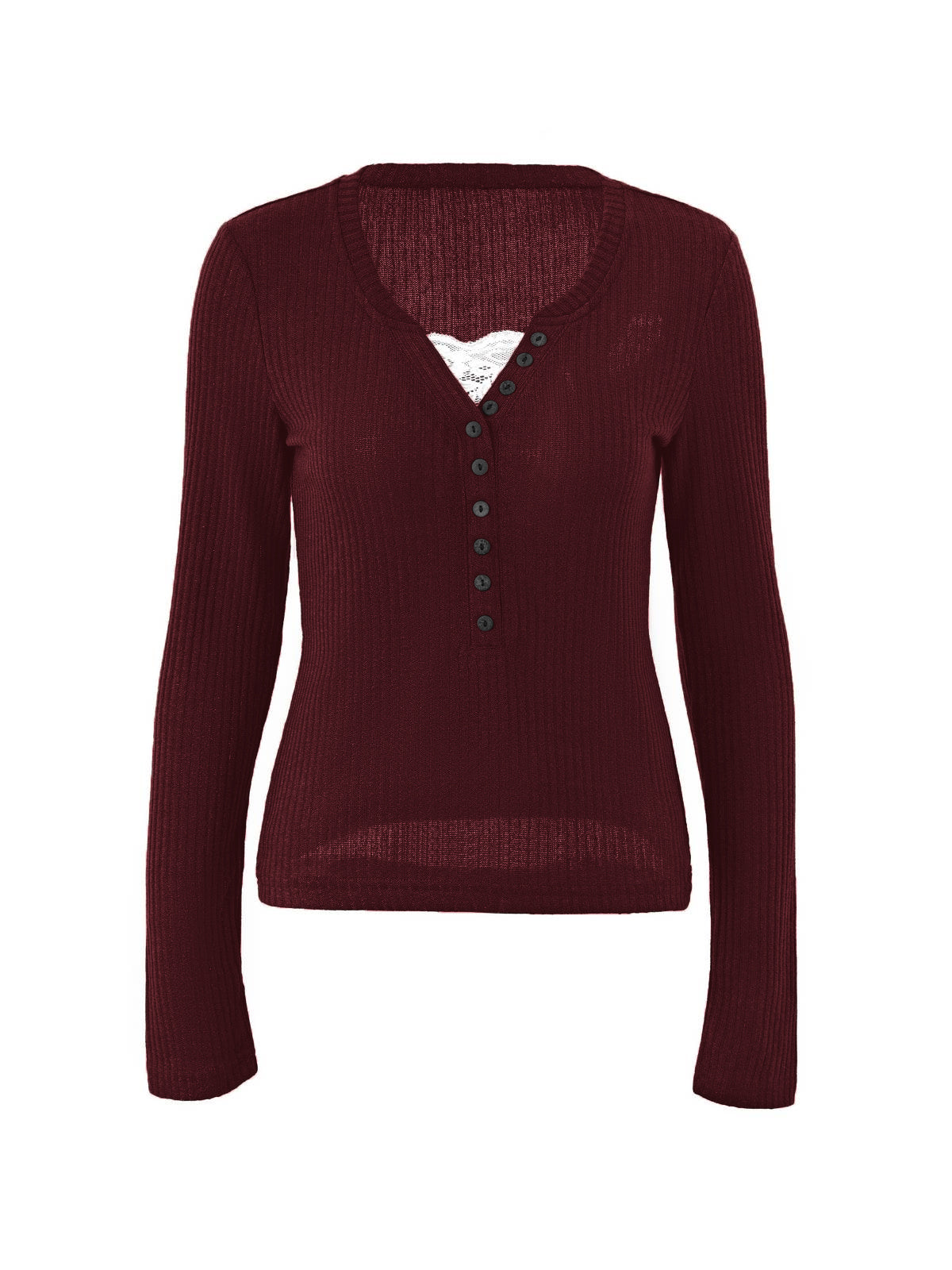Lace Paneled Button Long Sleeve Knit Top
