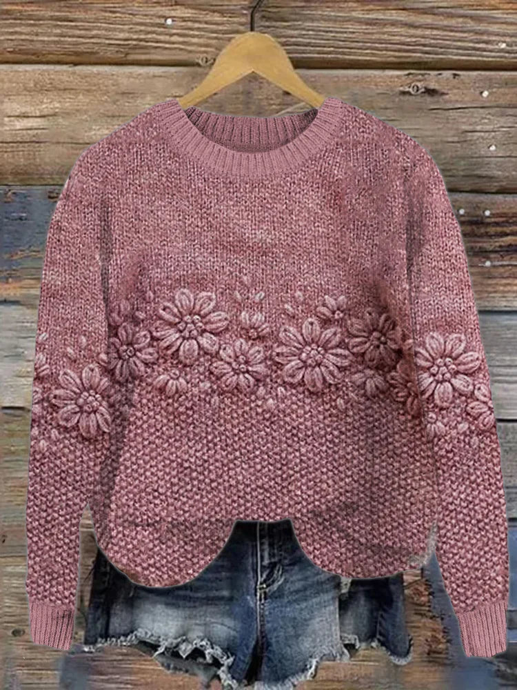 Elegante jersey de punto jacquard con estampado floral rosa para mujer | Ideal para otoño/invierno