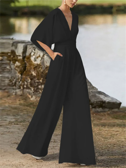 Women's Stylish V-Neck Wide-Leg Jumpsuit with Batwing Sleeves | Ideal for Spring/Summer