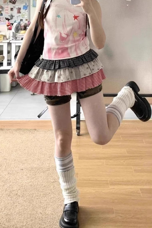 A-Line Pleated Patchwork Layered Star Striped Plaid Mini Skirt