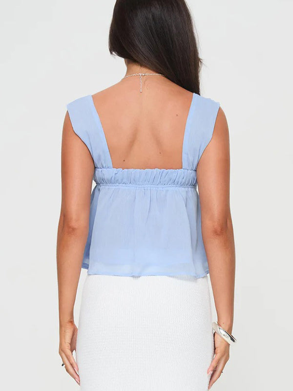 Simple Lace Up Square Neck Blue Tank Top