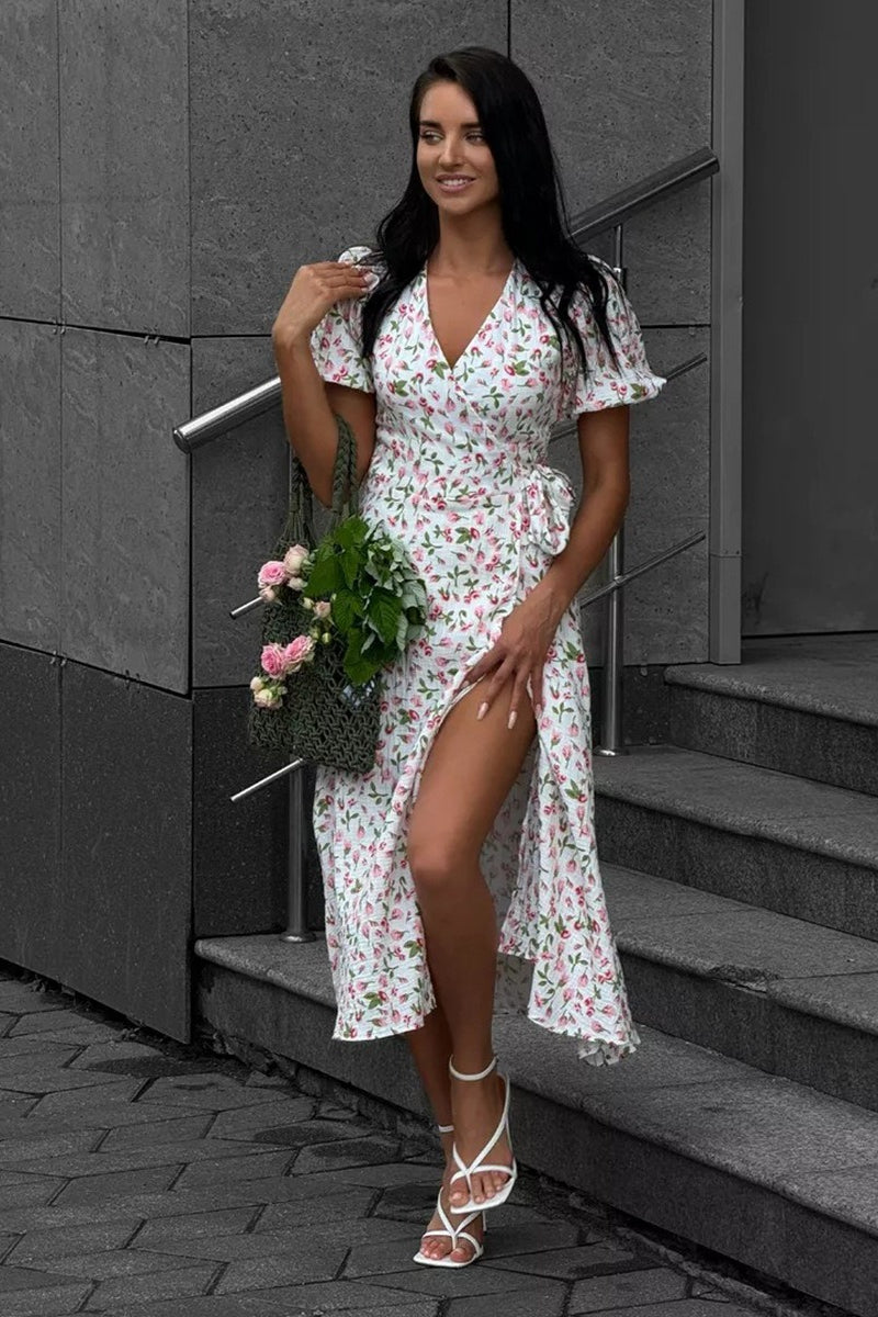 Printed Puff Sleeve Cotton Midi Dress