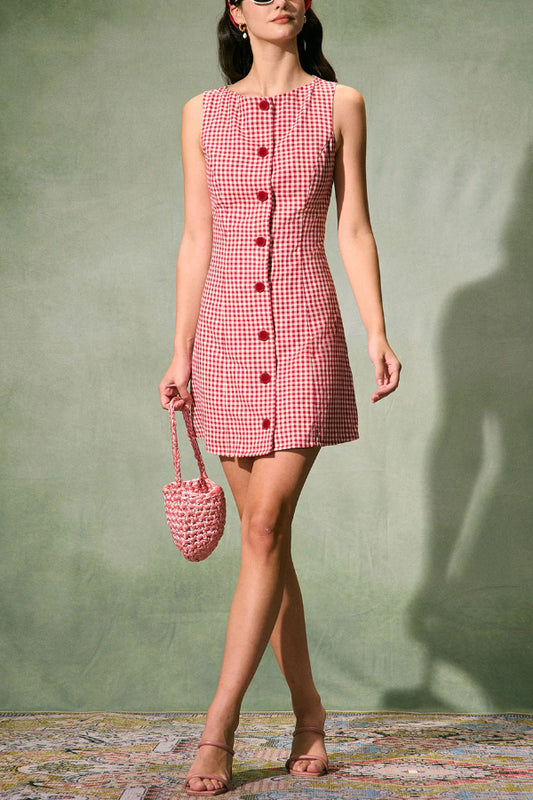Retro Plaid Print Sleeveless Round Neck Button Casual Mini Dress