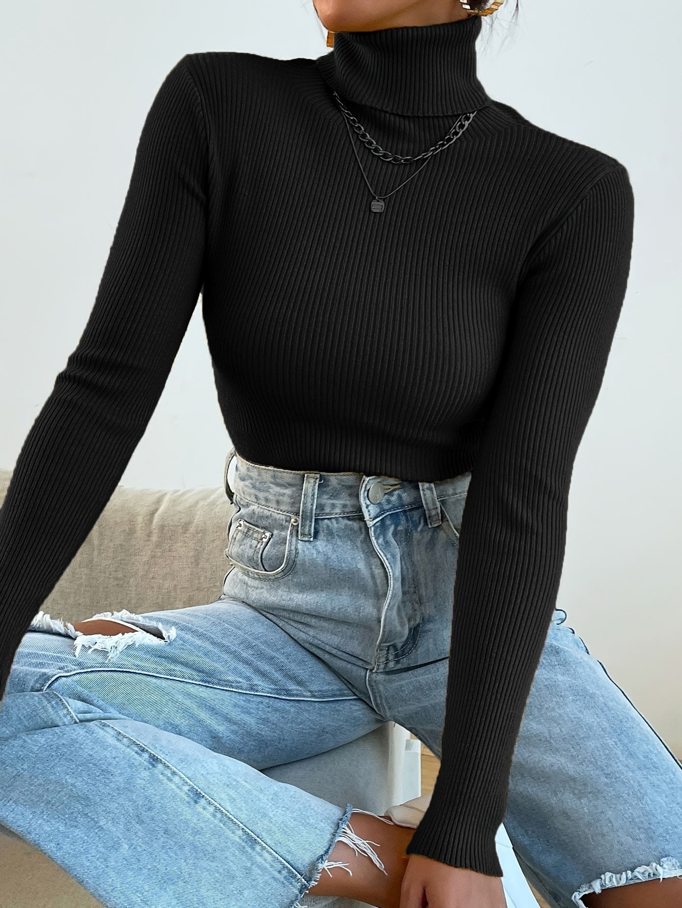 Suéter de cuello alto acanalado negro, ajustado y acogedor para mujer | Ideal para otoño/invierno