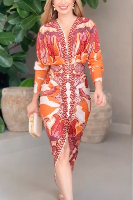 Brazilian Style Unique Print Dolman Long Sleeve Ruched Slit Midi Dress Vestidos