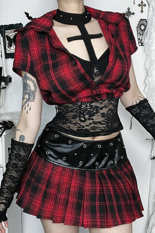 Harajuku Grunge Red Plaid Short Sleeve Crop T-shirt