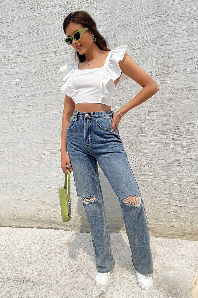Backless Tie Ruffle Sleeve Sweet Square Neck Crop Top
