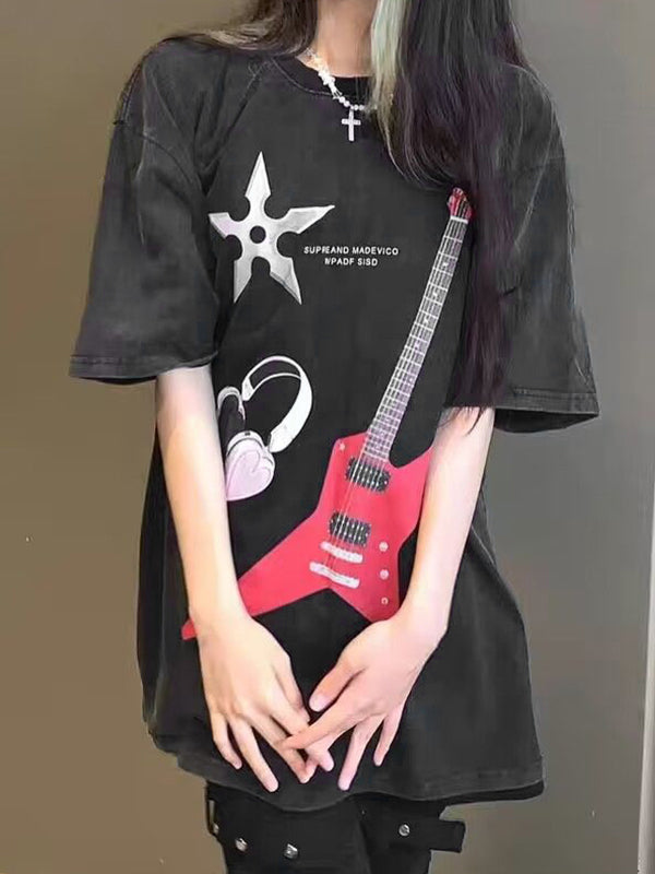 Guitar Print Oversized Short Sleeve Tee