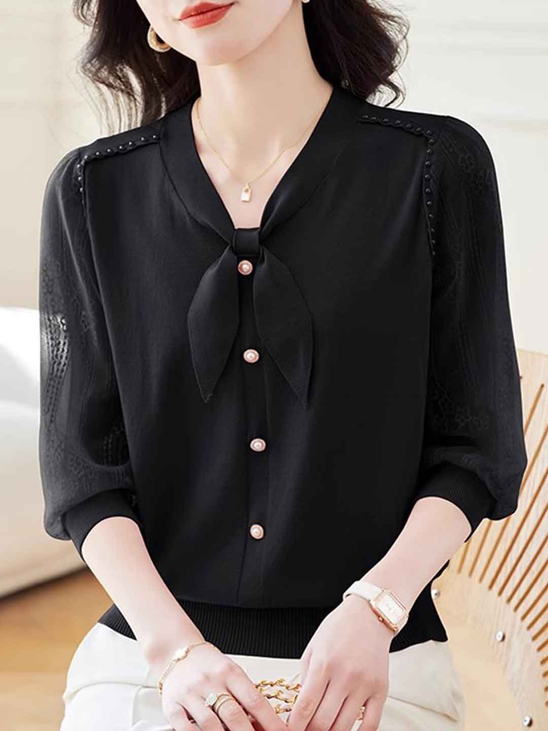 Lillian Loose V-Neck Puff Sleeve Bow Lace Knitted Top