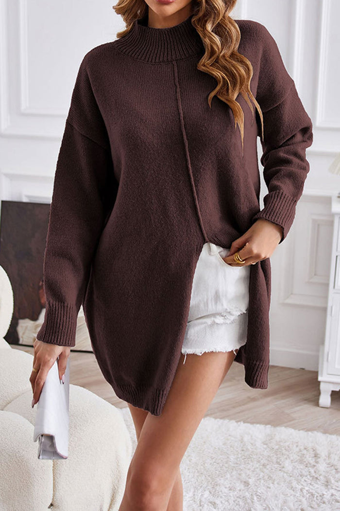 Jersey de cuello alto de punto caqui extragrande para mujer con abertura | Ideal para otoño/invierno