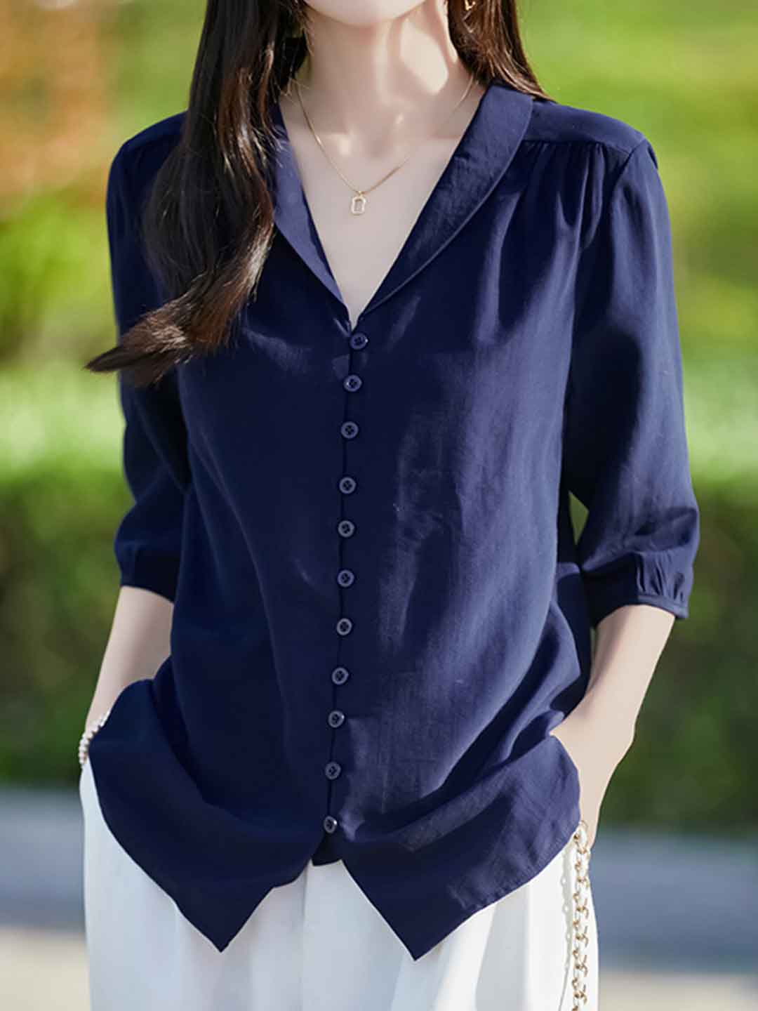 Jocelyn Elegant V-neck Lantern Sleeve Shirt