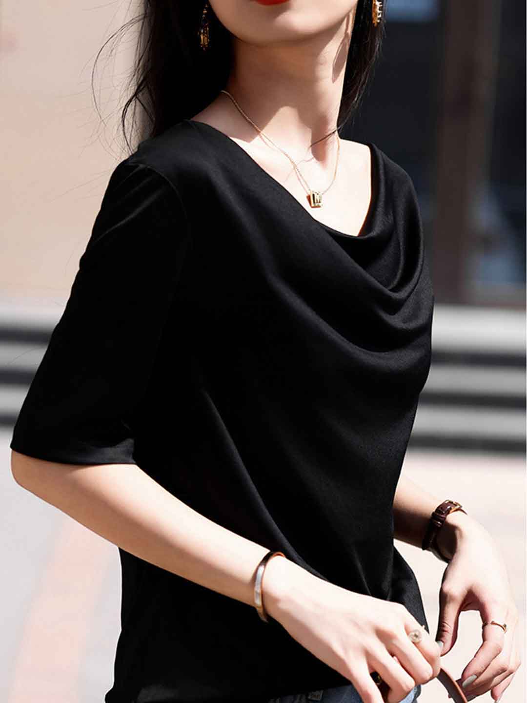 Madison Loose Crew Neck Solid Color Satin Top