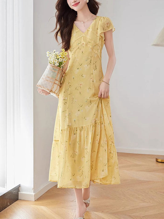 Rachel Vacation V-neck Chiffon Floral Dress