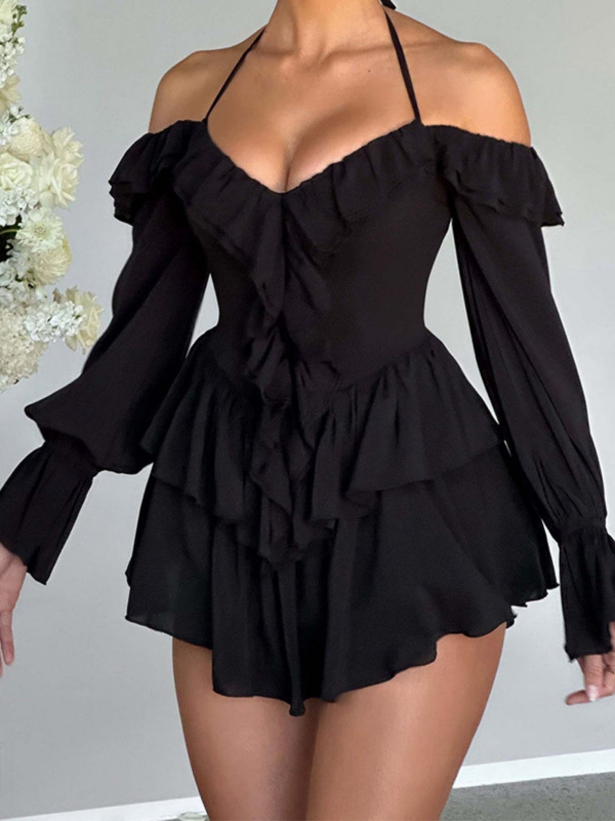 Ruffle Halter Neck Low-cut Flare Sleeve Sweet Mini&Short Dresses