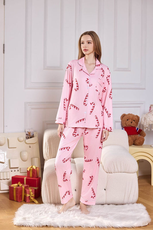 Conjunto de pijama largo de satén con estampado de bastón de caramelo rosa