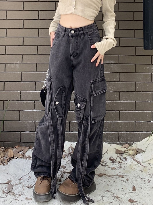 Vintage Wash High Rise Multi Pocket Cargo Jeans