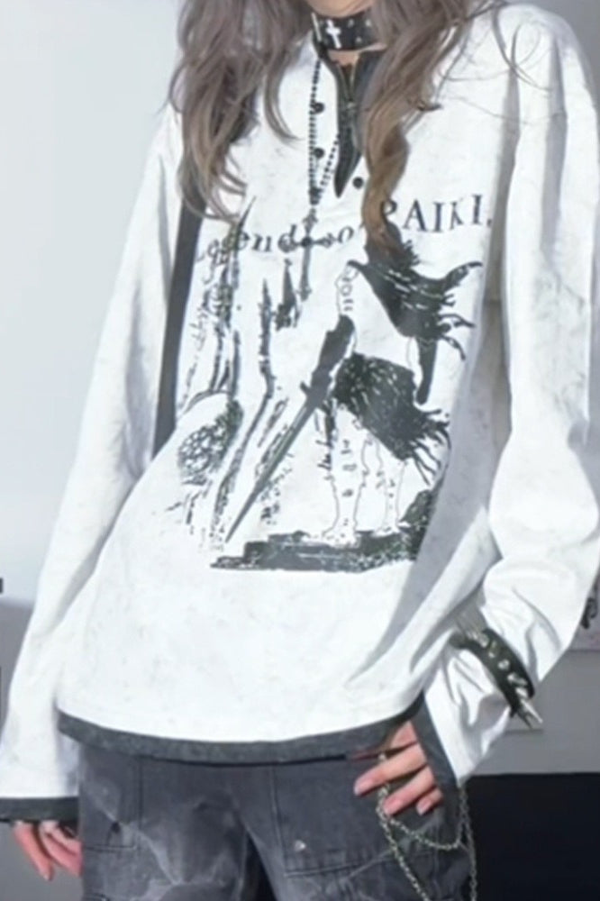 Grunge Y2K Henley Layered White Printed T-shirt