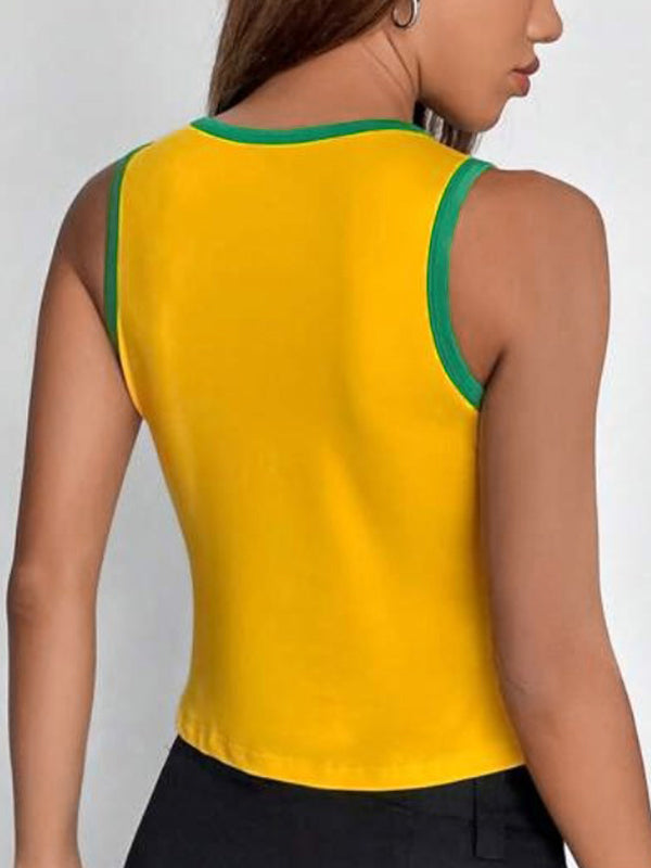 Crewneck Letter Print Yellow Tank Top