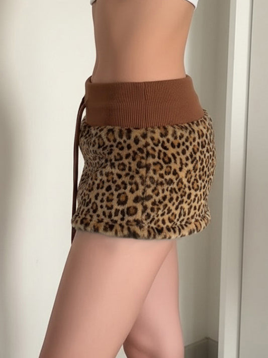 Leopard-Print Fur Patchwork Mini Skirt