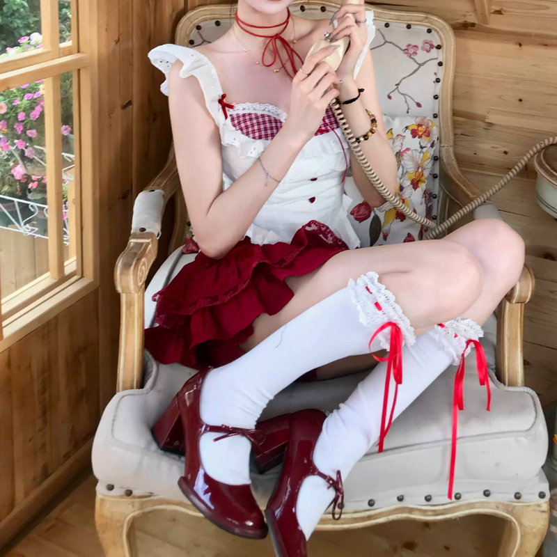 Cap sleeve plaid lace hem bowknot mini skirt set | Festival Outfits Women