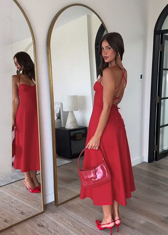 Crimson Lace-Up – Strappy Back Midi Dress with Sweetheart Neckline