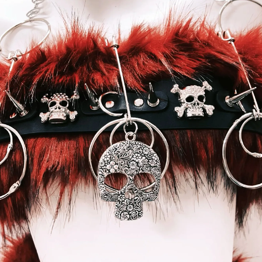 Fluffy o ring skull applique metal chain mini skirt set | Festival Outfits Women