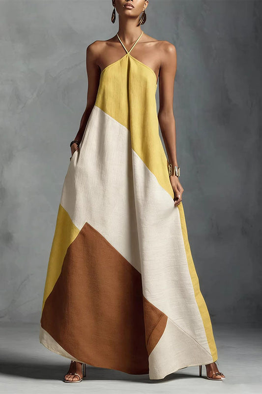 Tuscan Sun Geometric Patchwork Halter Dress