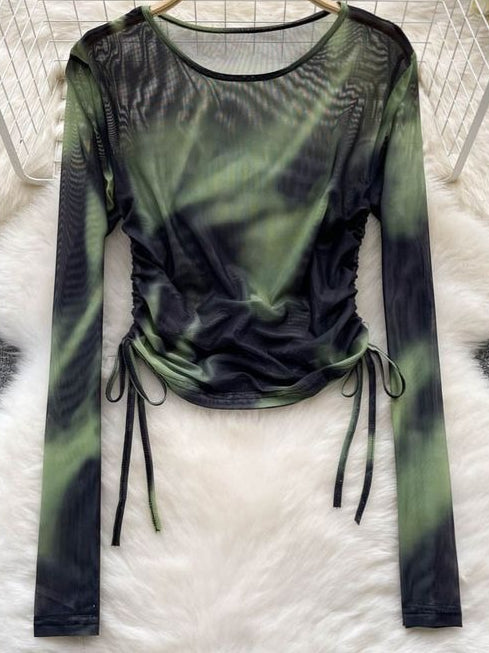 Cyber Tie Dye Drawstring Slim Long Sleeve Mesh Top