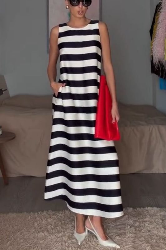 Elara Satin Striped Contrast Print Sleeveless Pocket A-line Maxi Dress