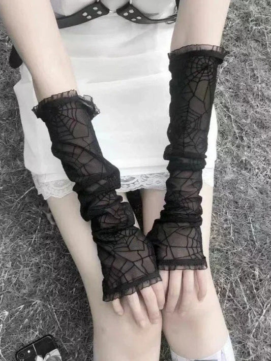 Lace Mesh Spider Web Fingerless Gloves
