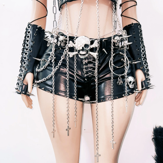Metal chain skull applique rivet gloves cami top | Festival Outfits Women