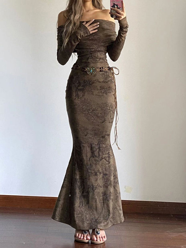Off Shoulder Random Print Mermaid Maxi Dress