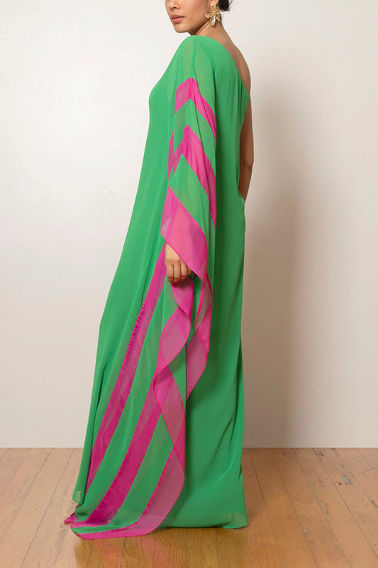Fashionable Vacation Chiffon Color-blocked One Shoulder Loose Maxi Dress