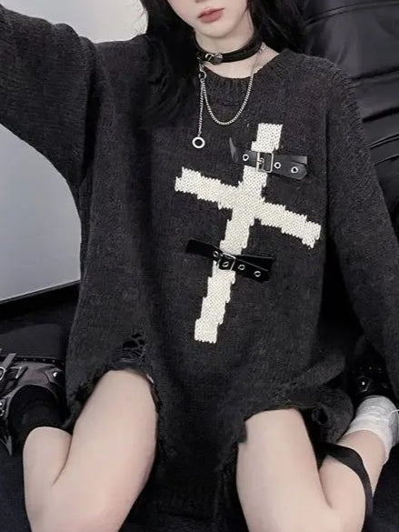 Harajuku Gothic Punk Cross Metal Buckle Loose Knit Sweater