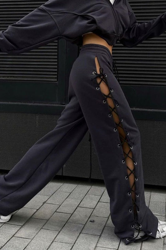 Casual Side Slit Tie Cutout Wide Leg Pants