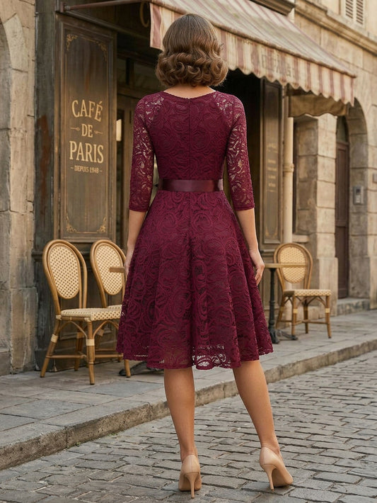 Vintage Lace Swing Dress for Women - 1950s V Neck 3/4 Sleeve Belted A-Line Midi Dress - Spring Wedding Guest 2026