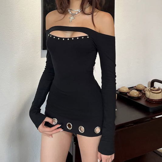 Off shoulder long sleeve hollow out cut out mini dress | Festival Outfits Women