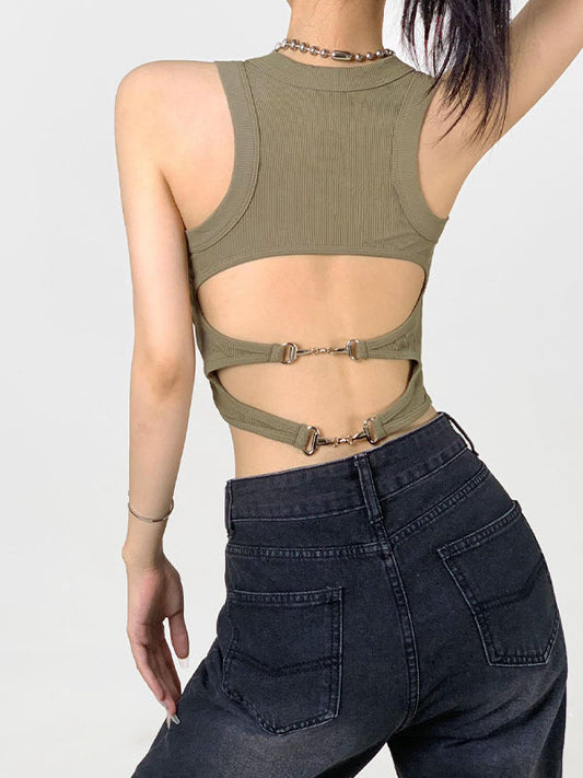Solid Color Y2k Metal Buckle Backless Tank Top