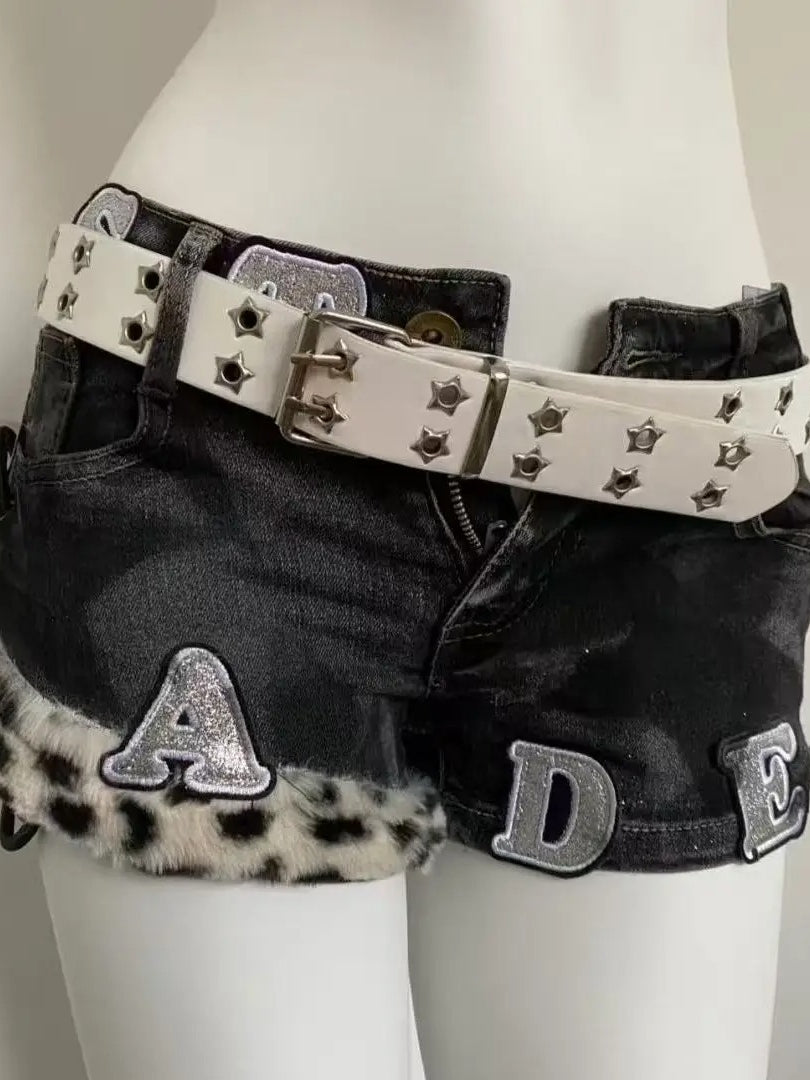 Punk Letter Print Low Rise Denim Shorts