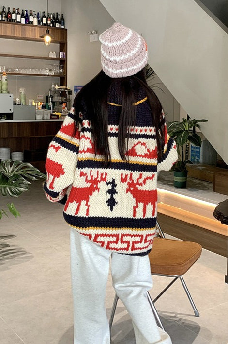 Knitted Relaxed Deer Striped Sweater