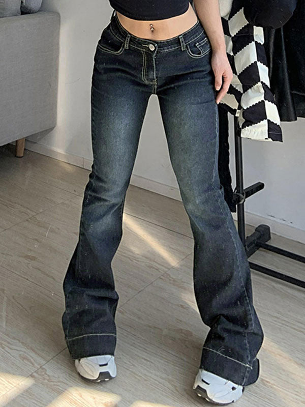 Love Print Washed Low Waist Flare Jeans
