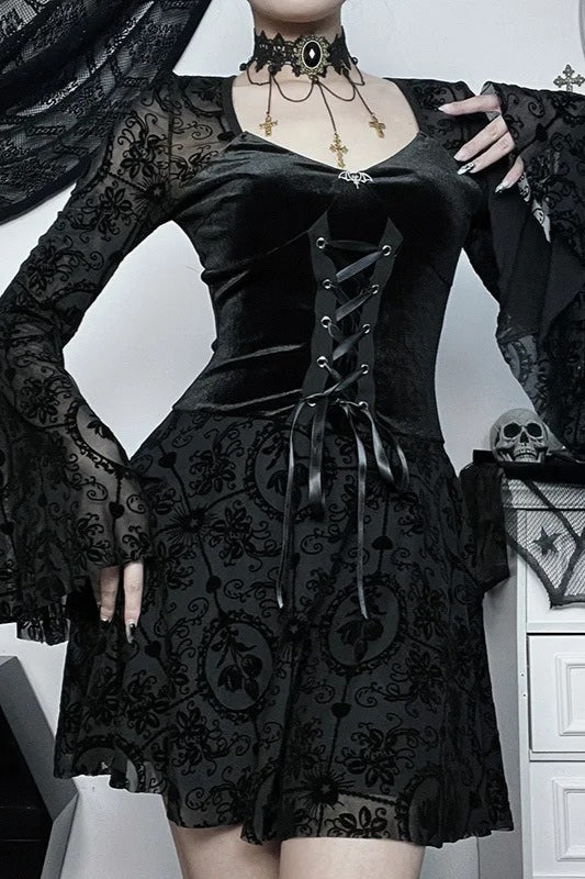 Dark Velvet Gothic Flare Sleeve Bandage Vintage Mini Dress