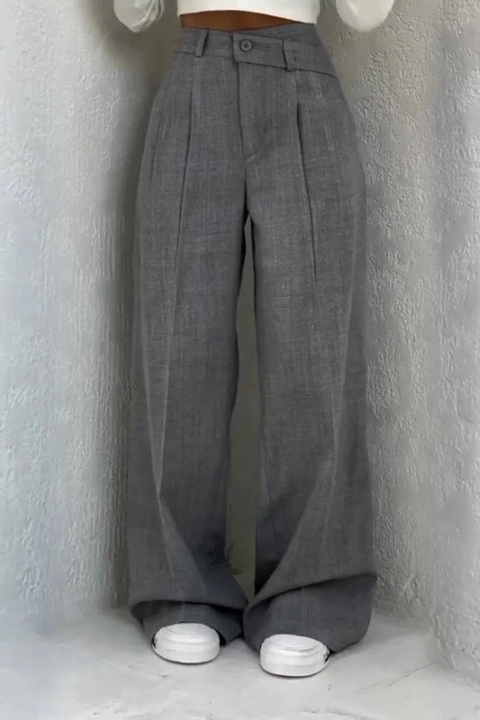 Button High Waist Solid Long Fluid Pants