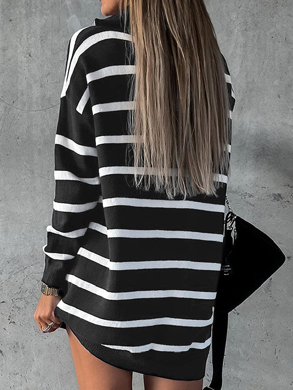 Striped V Neck Half Zip Loose Knit Sweater Dress