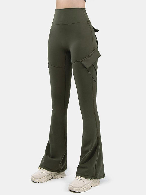 Solid Multi Pocket High Rise Flare Leg Pants